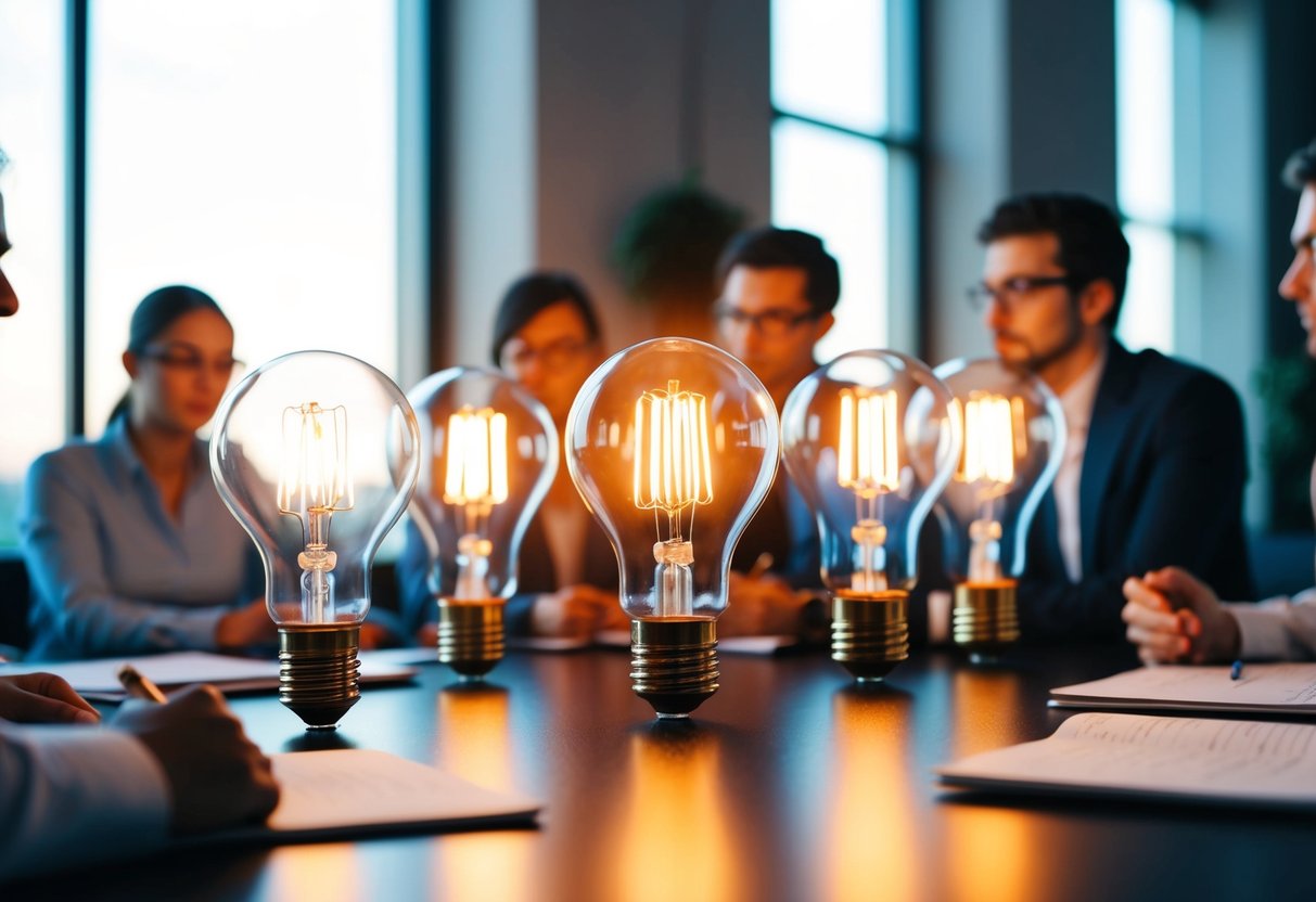 Uma sessão de brainstorming com lâmpadas representando ideias inovadoras de produtos