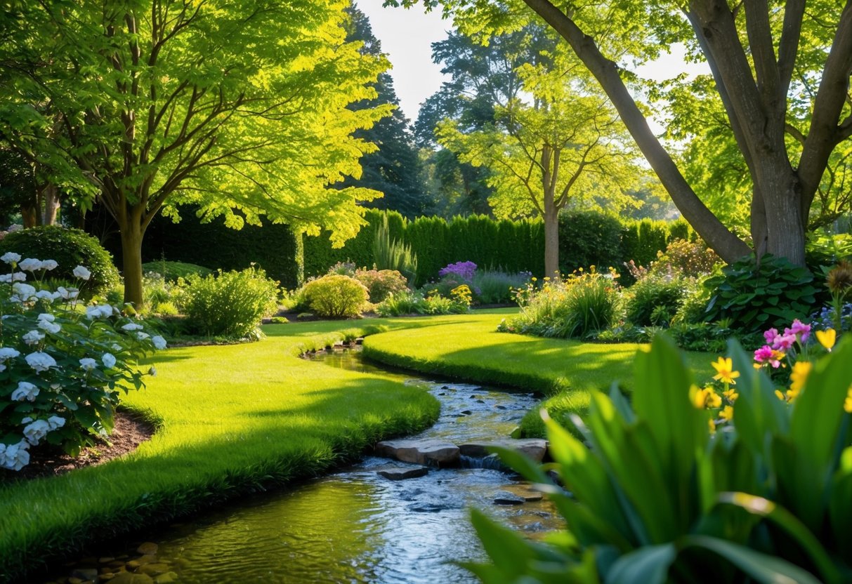 Um jardim pacífico e ensolarado com um pequeno riacho, cercado por árvores verdes e flores em flor. Um cenário sereno e idílico para contemplar decisões financeiras.