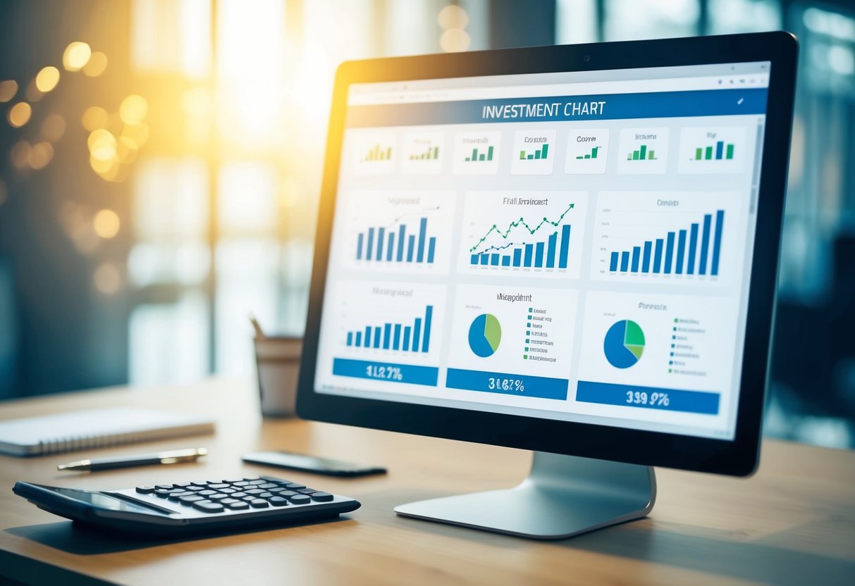 Uma tela de computador exibindo várias opções de investimento e gráficos financeiros, com uma calculadora e uma caneta próximas.