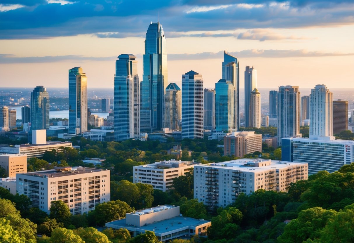 Um horizonte urbano movimentado com várias propriedades imobiliárias, incluindo arranha-céus, edifícios residenciais e espaços comerciais, cercado por uma vegetação exuberante e uma atmosfera vibrante.