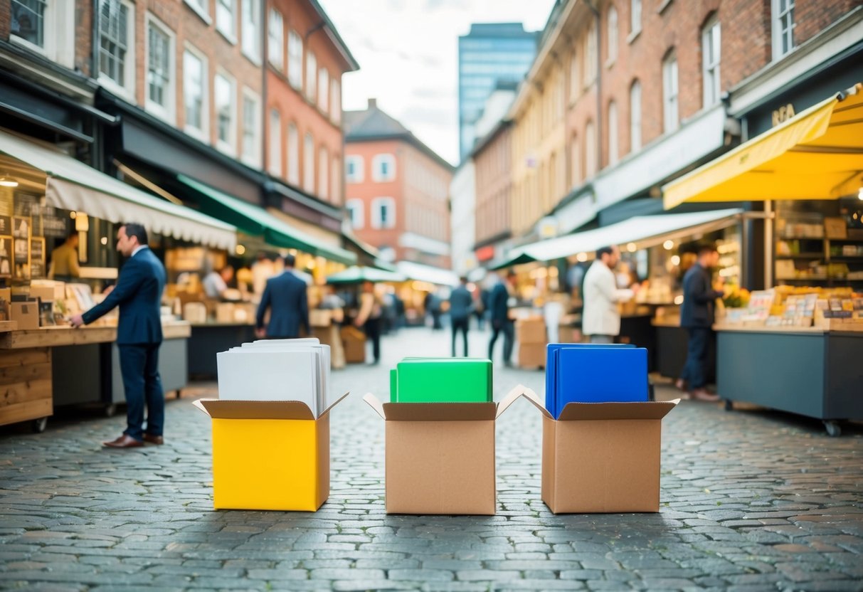 Um grupo de pequenas empresas se estabelecendo em uma praça de mercado movimentada, cada empreendedor dando seus primeiros passos em direção à construção de seus sonhos.