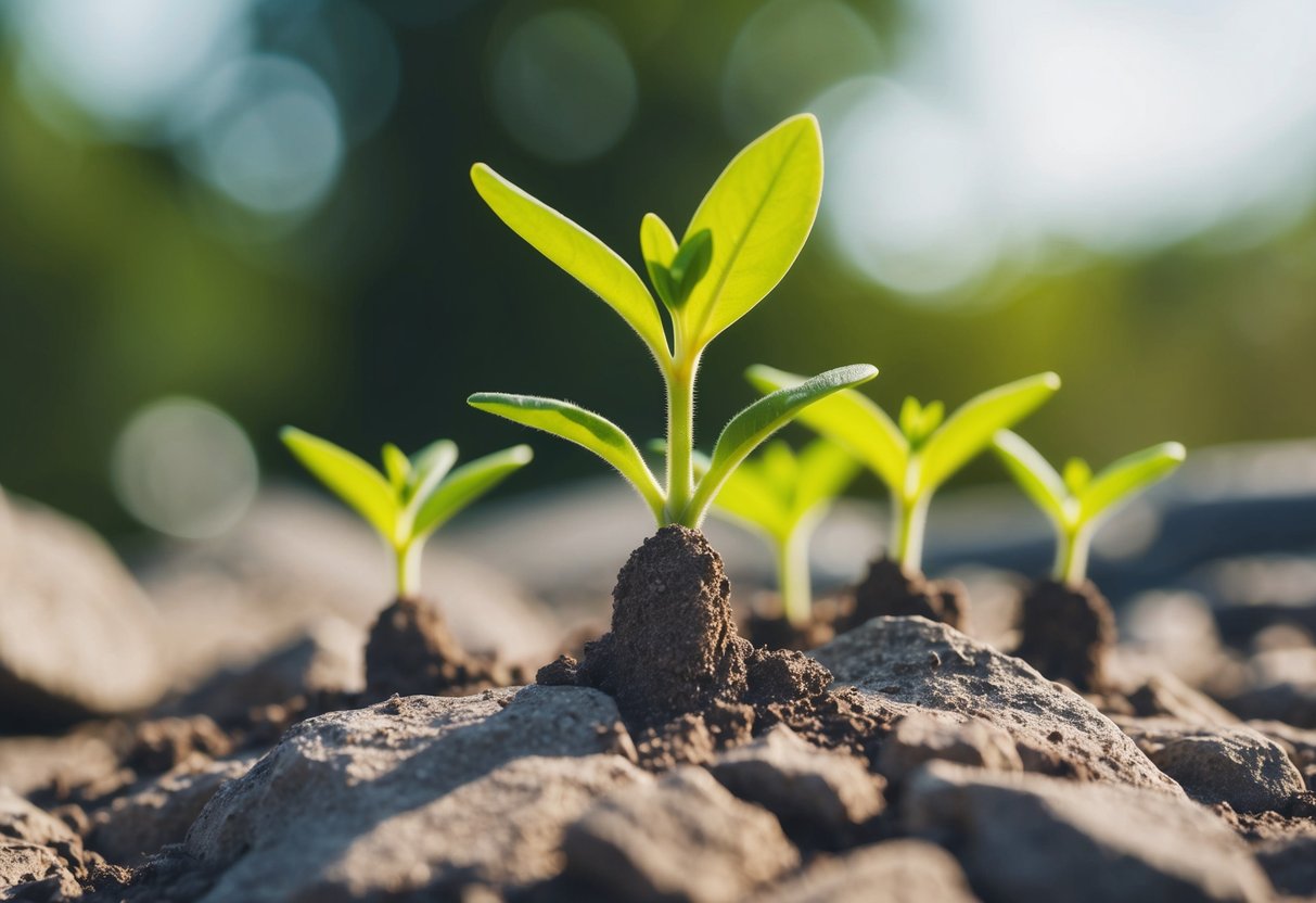 Um grupo de pequenas mudas surgindo do solo rochoso, simbolizando a resiliência e o crescimento de empreendedores que começam do zero.