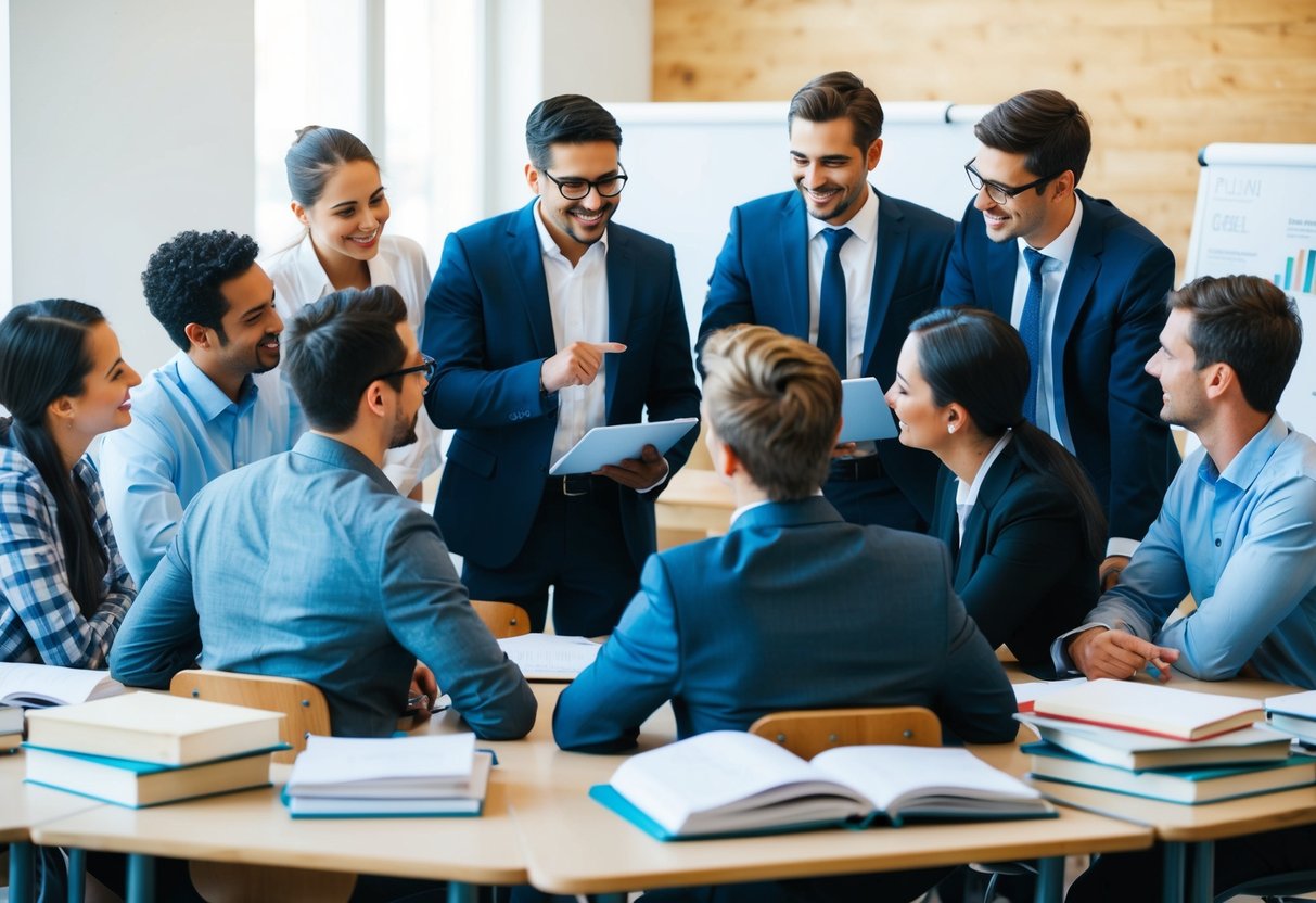 Um grupo de empreendedores se reúne em uma sala de aula, trocando ideias e colaborando em novos empreendimentos. Eles estão cercados por livros, gráficos e quadros brancos, simbolizando seu aprendizado contínuo e espírito empreendedor.