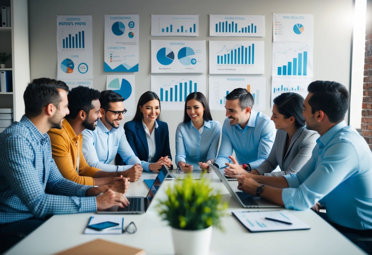 Um grupo de empreendedores se reúne em torno de uma mesa, trocando ideias e compartilhando suas experiências de começar do zero. Gráficos e tabelas decoram as paredes, mostrando sua jornada rumo ao sucesso.