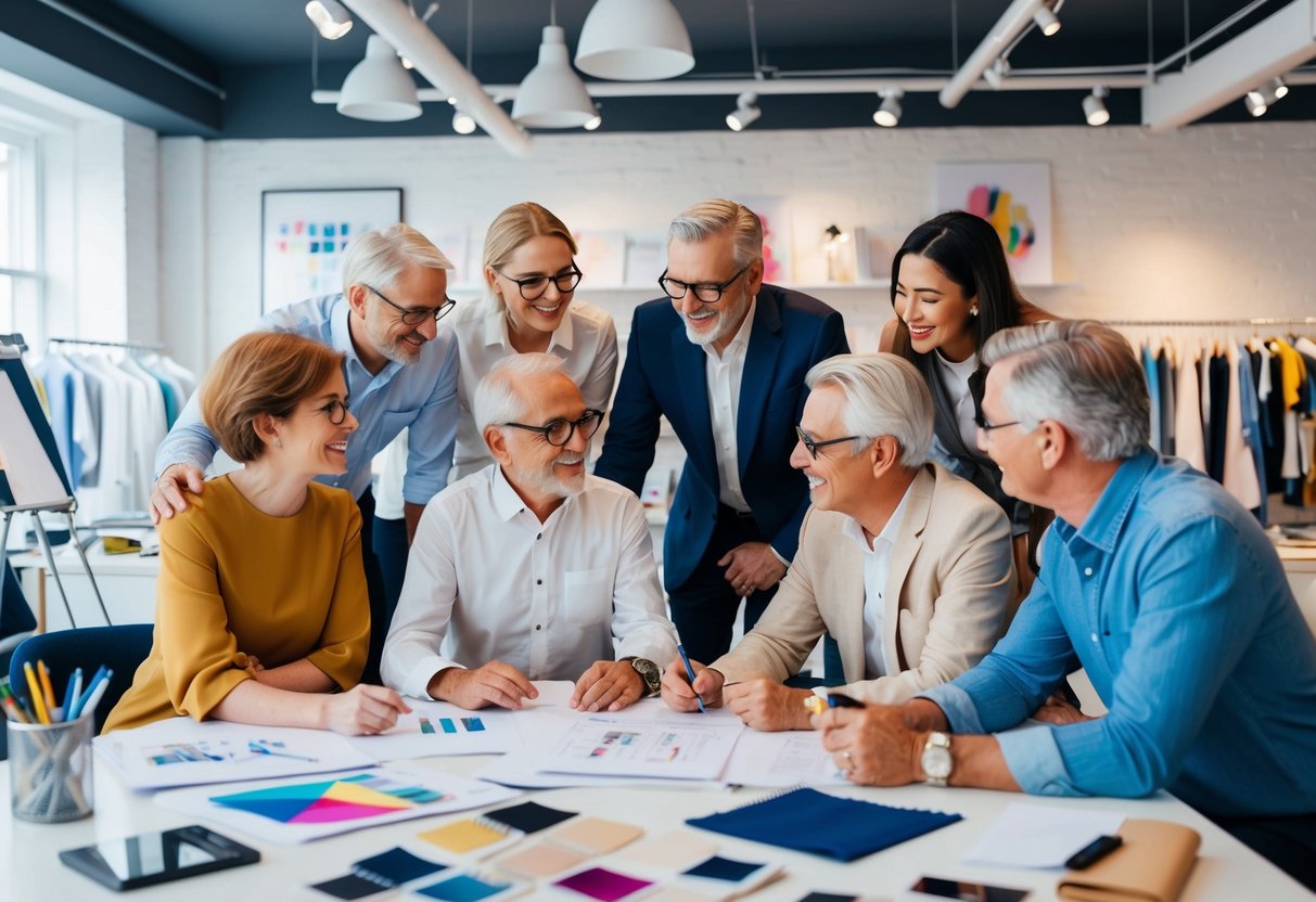 Um grupo de empreendedores mais velhos fazendo uma tempestade de ideias em um estúdio de moda moderno, cercado por esboços, amostras de tecido e ferramentas de design de ponta.