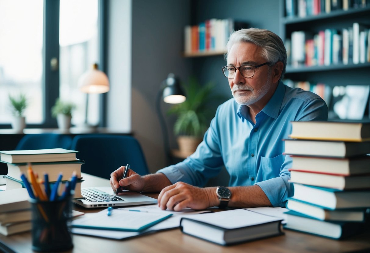 Um empresário mais velho trabalhando em uma mesa, cercado por livros e papéis, com uma expressão determinada no rosto.