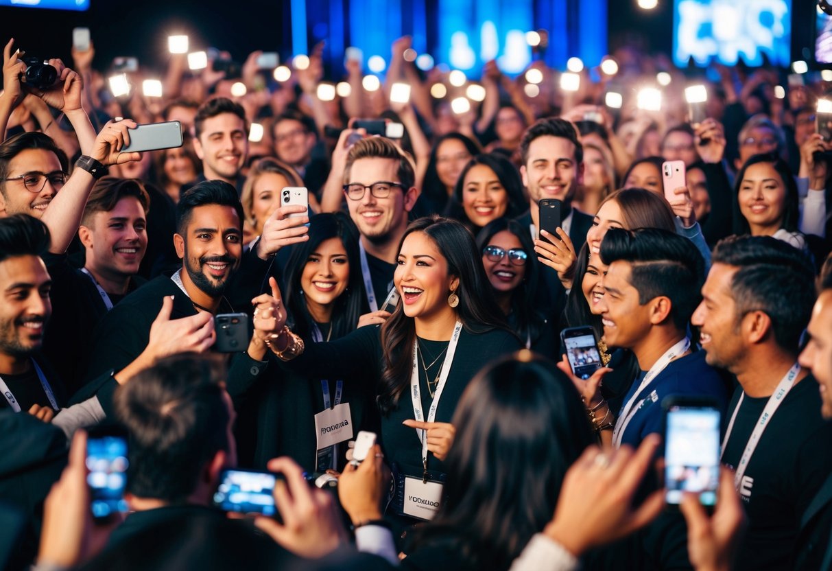 Um evento lotado com celebridades digitais, cercado por flashes de câmeras e fãs empolgados. Os influenciadores estão interagindo com marcas e promovendo produtos.