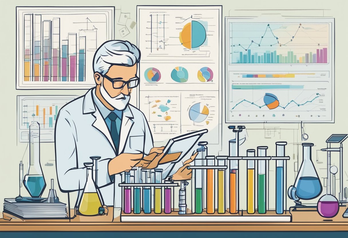 Um cientista examina cuidadosamente tubos de ensaio e equipamentos, cercado por gráficos e tabelas, simbolizando o equilíbrio entre gestão de riscos e qualidade na inovação experimental.