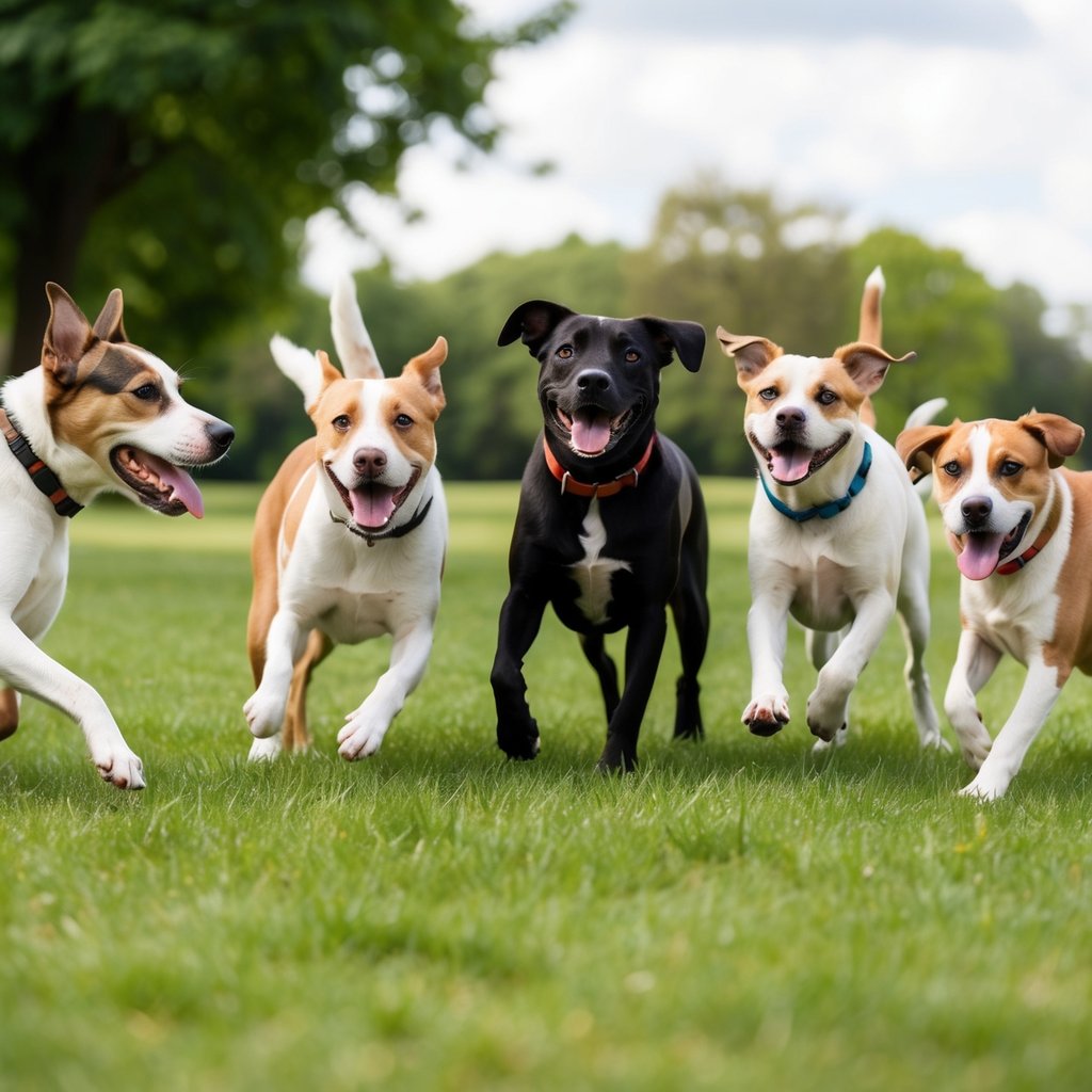 A group of diverse rescue dogs playfully interact in a grassy park, showcasing their unique personalities and the joy of adoption