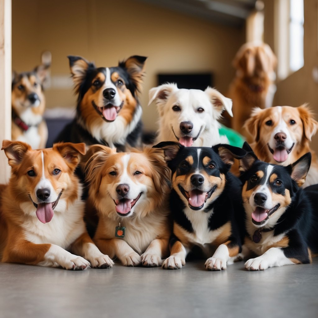 A group of diverse rescue dogs playing and cuddling together in a cozy shelter, with wagging tails and joyful expressions