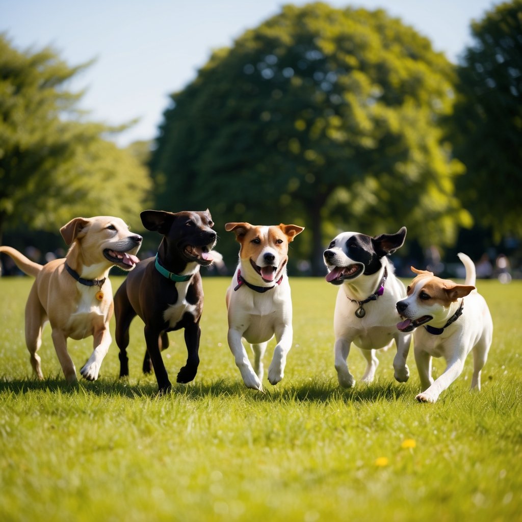 A group of diverse rescue dogs playing and interacting in a sunny, grassy park setting, with a sense of joy and camaraderie among them