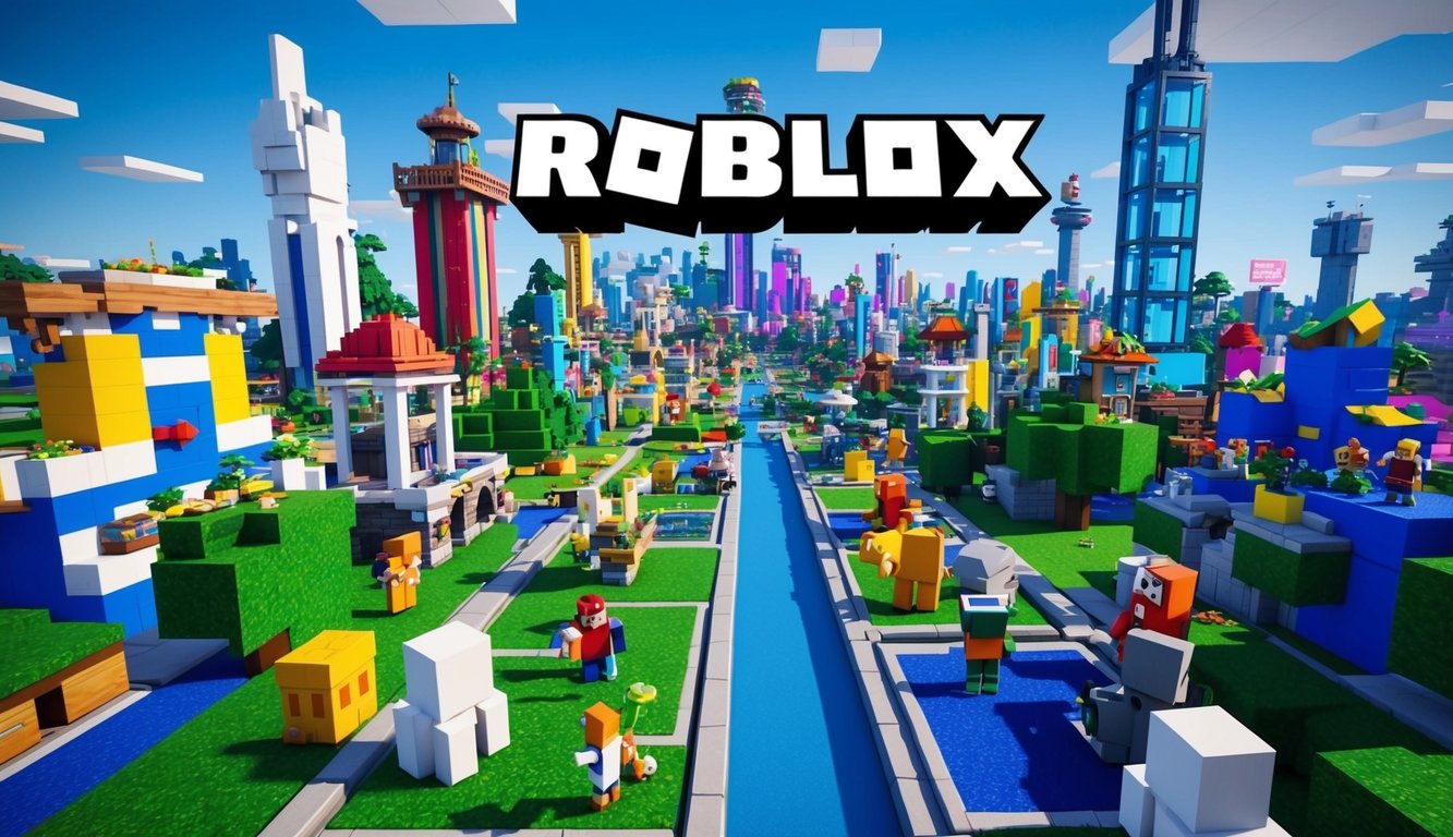 A bustling virtual city filled with vibrant, colorful buildings and towering structures, with various game characters engaging in different activities