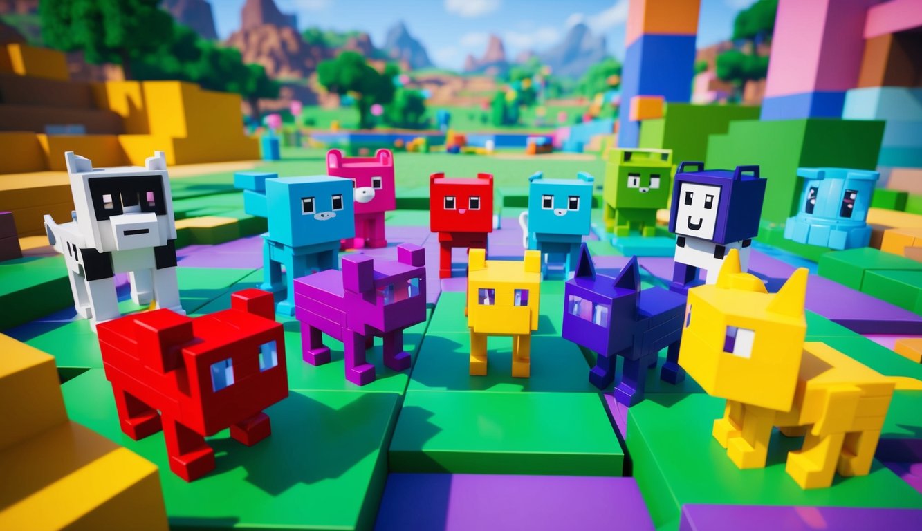 A group of colorful and playful virtual pets in a vibrant and interactive Roblox game environment