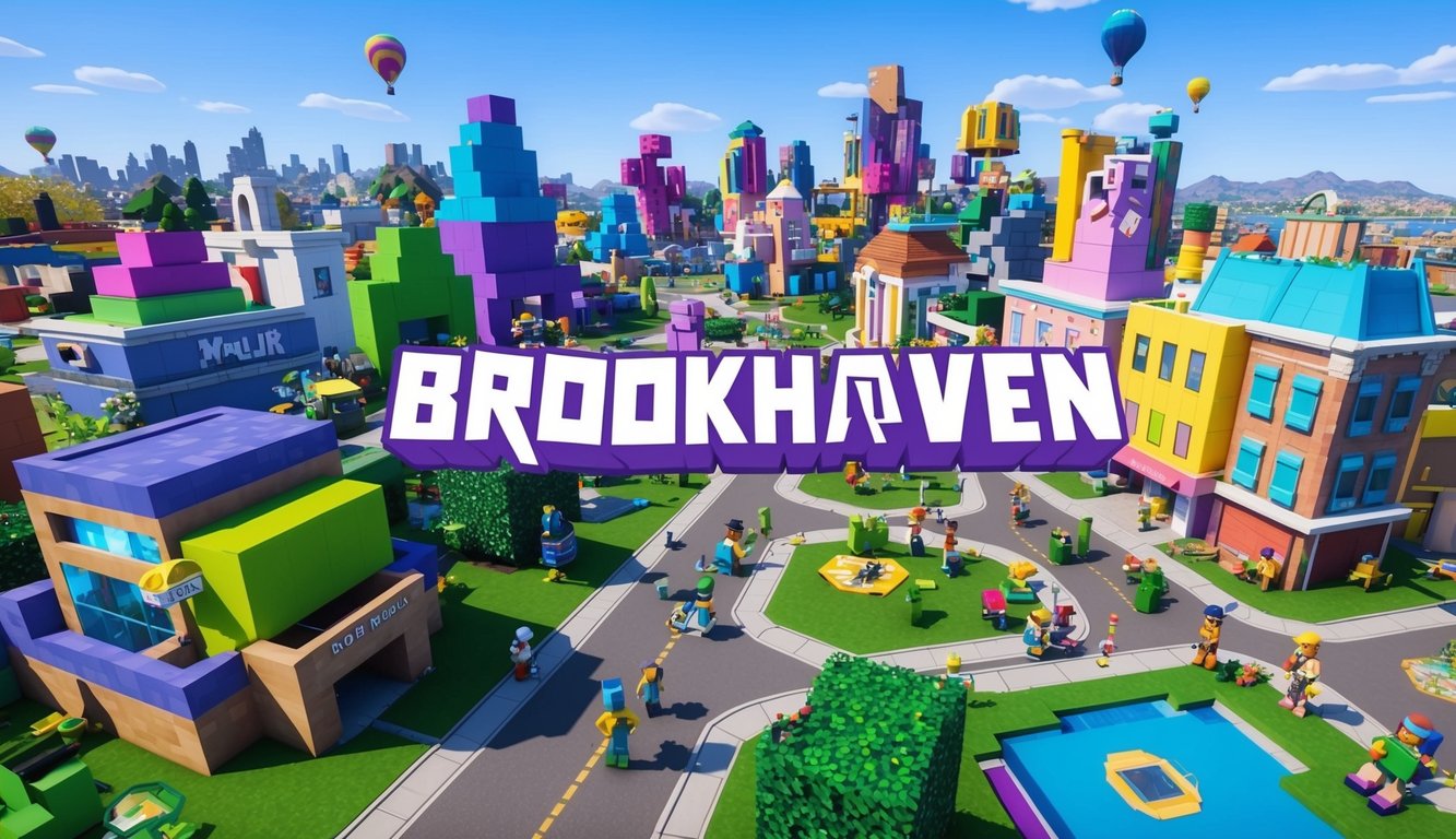 A bustling virtual city with colorful buildings and lively characters enjoying various games and activities in Brookhaven