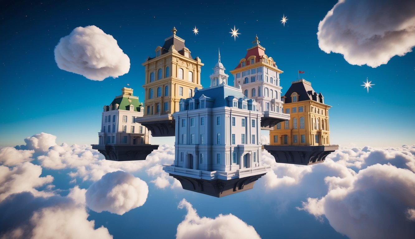 A group of elegant and colorful buildings floating in the sky, surrounded by fluffy clouds and sparkling stars