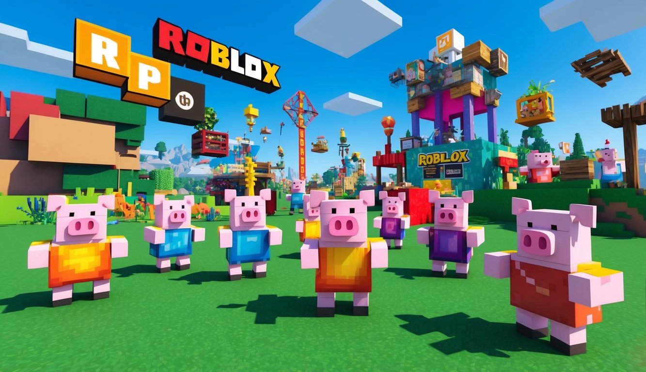 A group of animated pig characters enjoying various mini-games in a colorful and whimsical Roblox world