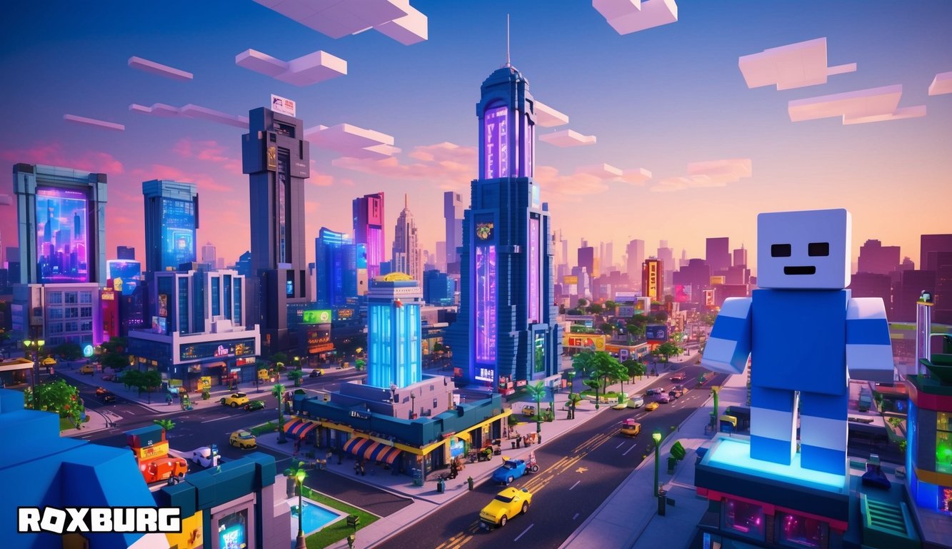 A bustling cityscape with towering skyscrapers, bustling streets, and vibrant neon lights, showcasing the vibrant and lively world of Bloxburg in Roblox