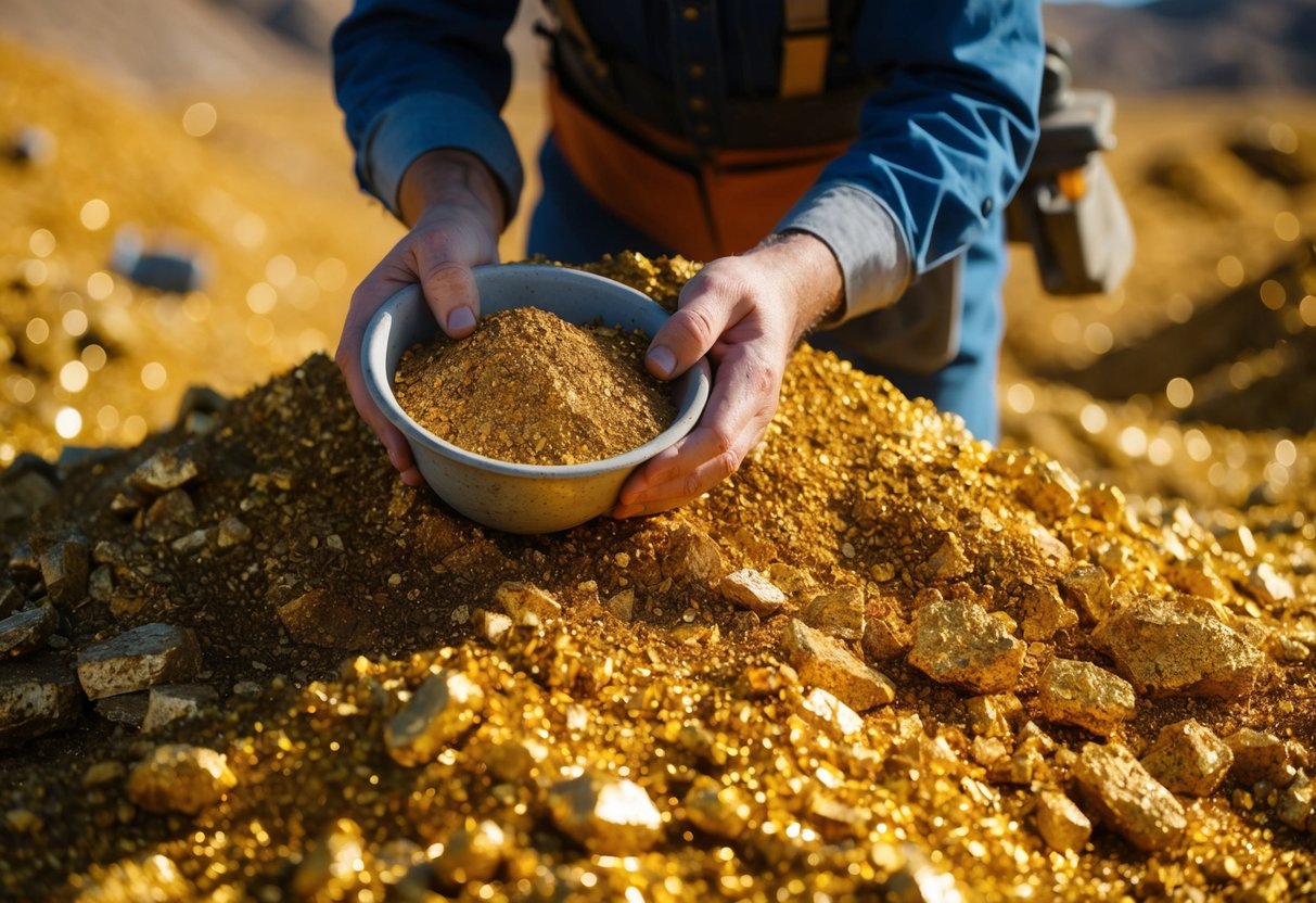 A prospector sifts through a mound of rich, golden paydirt, carefully examining the texture and sparkle of the precious metal