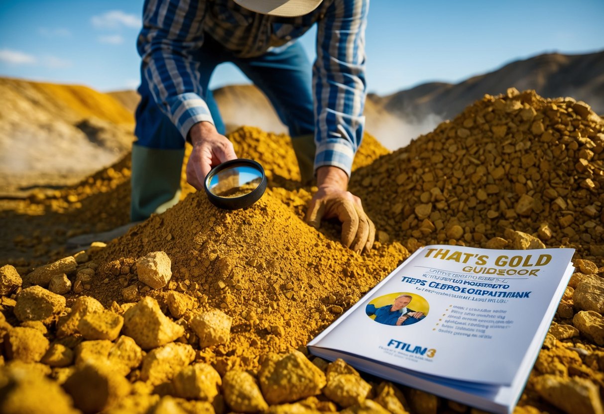 A prospector carefully sifts through a pile of rich, golden paydirt, examining the texture and color with a magnifying glass. Nearby, a guidebook from "That's Gold" lays open, offering expert tips on purchasing quality paydirt