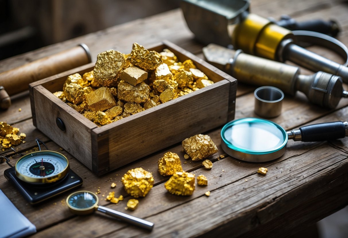 A rustic wooden table holds a collection of gold paydirt samples, surrounded by mining tools and equipment. A scale and magnifying glass sit nearby for careful examination