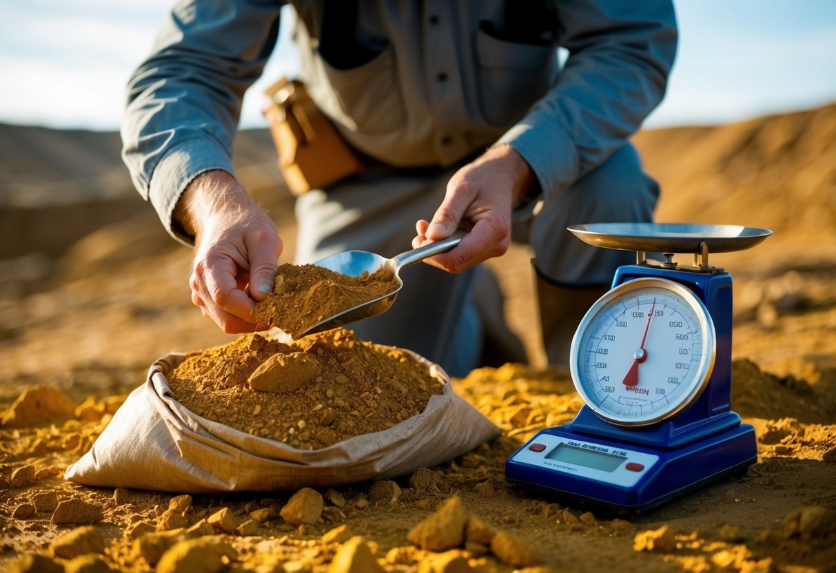 A prospector carefully examines a bag of paydirt, sifting through the rich, golden soil with a small shovel. A scale and magnifying glass sit nearby for closer inspection