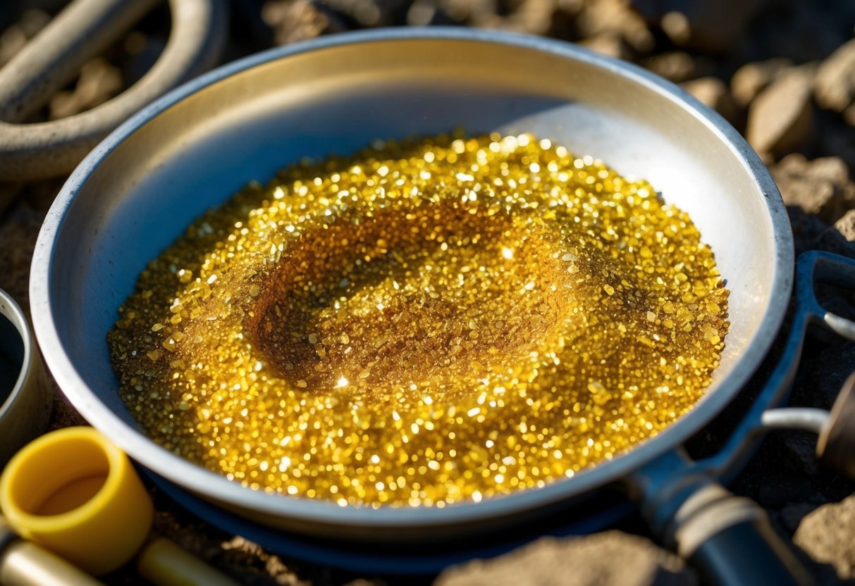 A gold pan filled with rich, sparkling paydirt, surrounded by mining tools and equipment. Sunlight glints off the golden particles, creating a sense of excitement and potential wealth