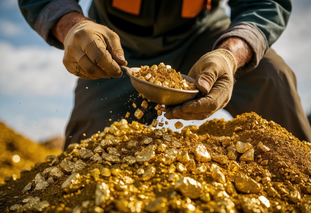 A miner sifts through a mound of rich, golden paydirt, carefully separating the precious gold nuggets from the rest of the sediment