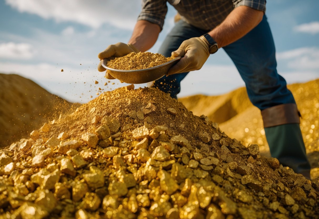 A prospector sifting through a pile of golden paydirt, carefully examining the quality and texture of the material