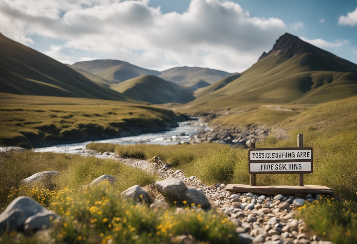 A rugged landscape with rolling hills and a flowing river, dotted with colorful gemstones and fossils. A small wooden sign indicates the entrance to a designated fossicking area