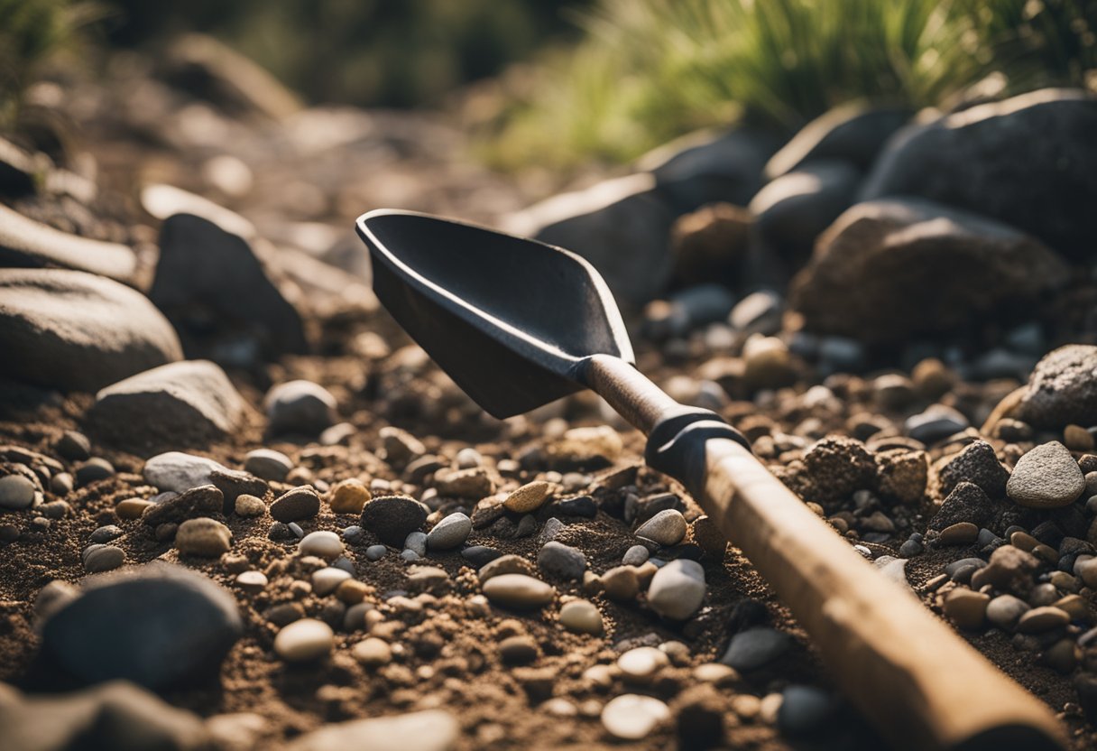 A rocky creek bed in Queensland, with a pickaxe and shovel lying nearby. A small pile of dirt and rocks indicates recent digging