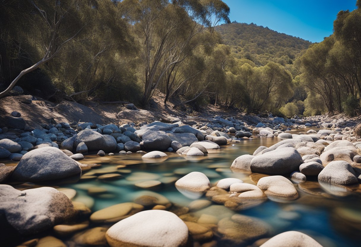 A rocky creek bed with scattered quartz and sapphire deposits, surrounded by eucalyptus trees and a clear blue sky