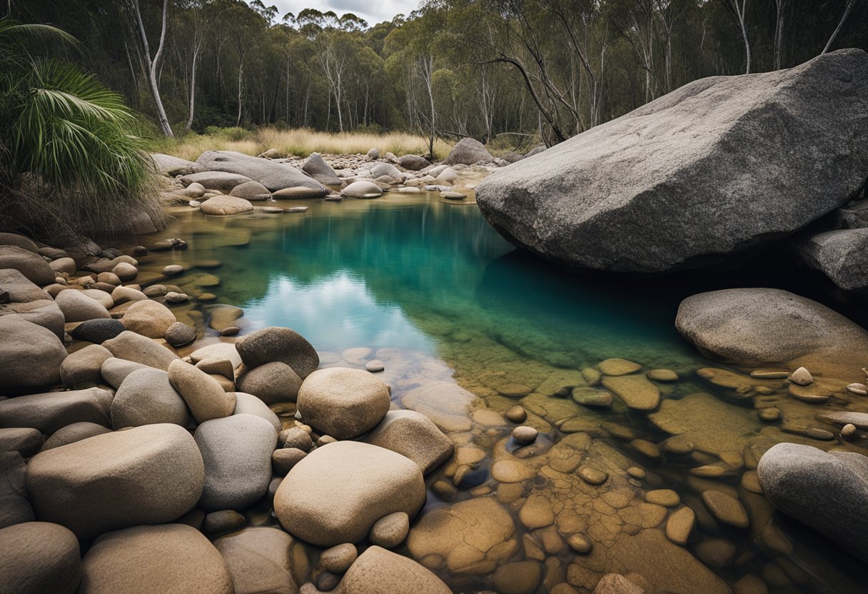 A serene creek surrounded by rocky terrain, with a shovel and pickaxe lying nearby. A map of designated fossicking areas in Queensland is spread out on a flat rock