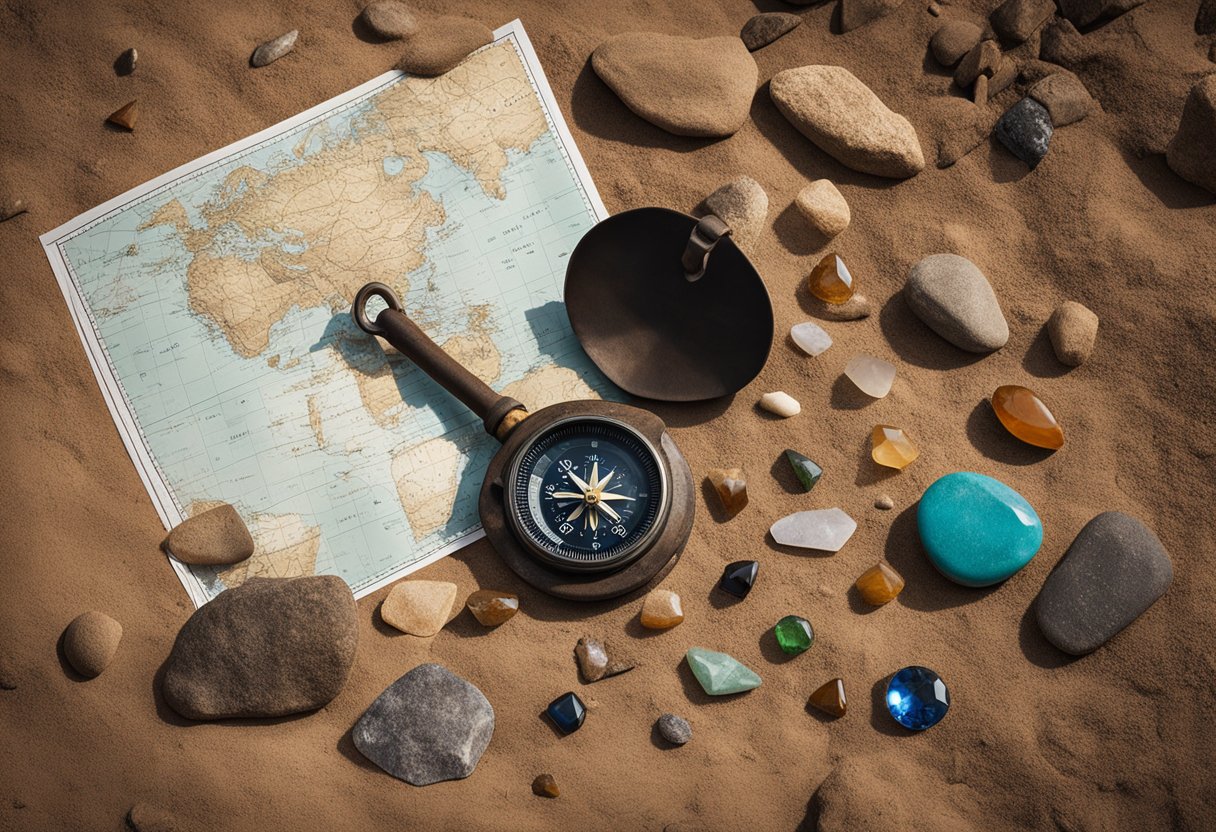 A dusty shovel and pickaxe lie next to a map and compass on a rocky outcrop in the Australian outback. A collection of colorful gemstones and fossils are scattered nearby