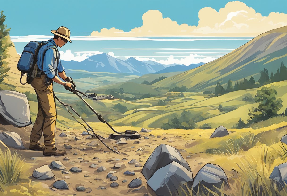 A rugged landscape with a clear blue sky, showcasing a MINELAB Metal Detector in action, uncovering buried treasure