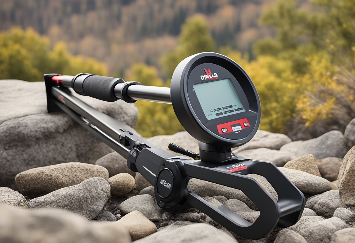 A rugged MINELAB metal detector sits atop a rocky outcrop, its sleek design and durable construction hinting at its superior quality and long-lasting warranty