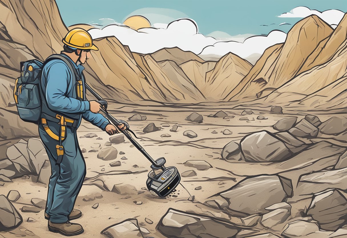 A rugged landscape with a miner using a Minelab metal detector to search for treasure among rocks and dirt. The detector's logo is prominently displayed on the device