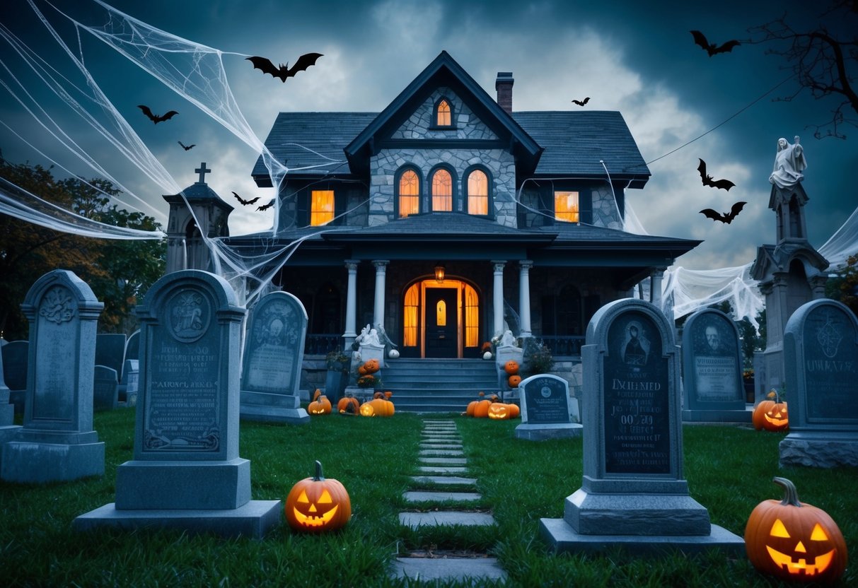 A spooky graveyard with tombstones, cobwebs, and eerie lighting. A haunted house with jack-o-lanterns, bats, and ghosts