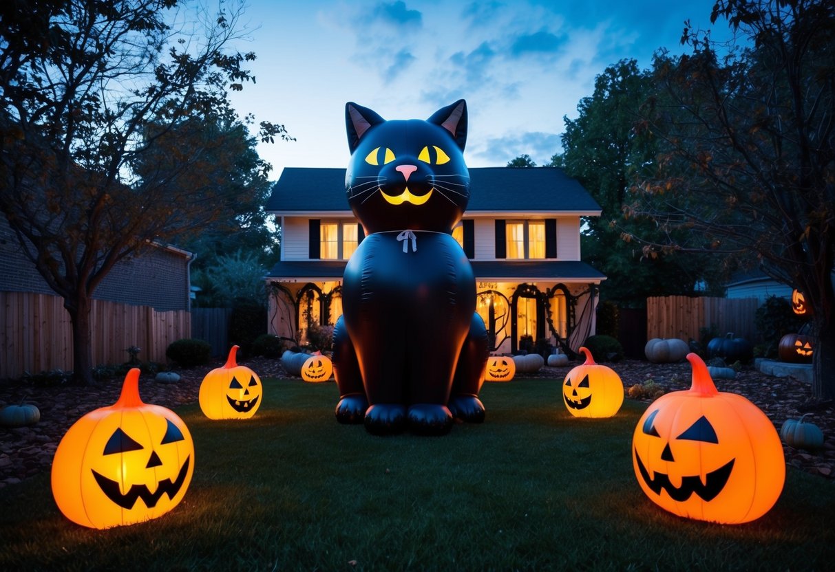 A giant inflatable black cat looms over a spooky Halloween yard, surrounded by eerie decorations and glowing jack-o-lanterns