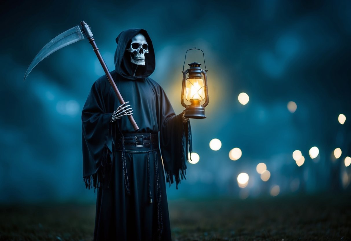 A Grim Reaper holding a lantern, standing in a dark and eerie setting