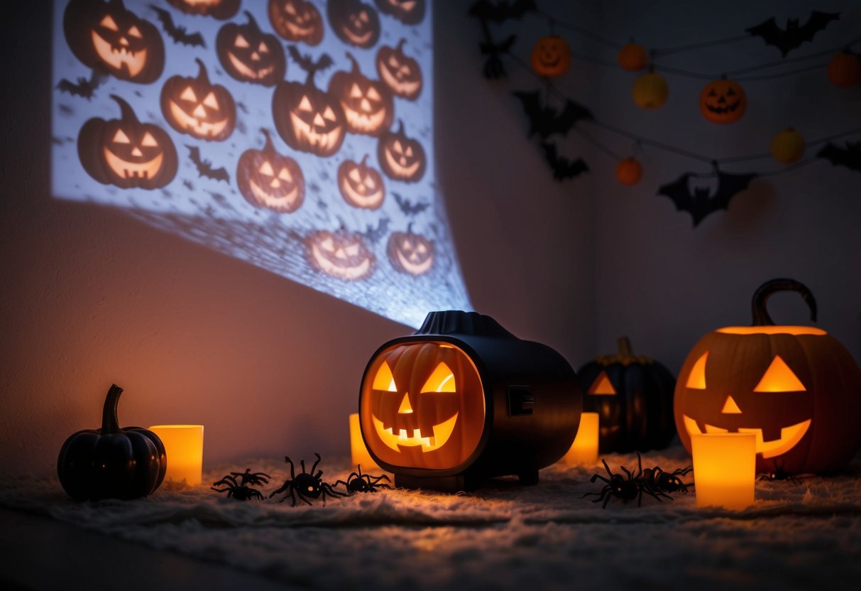 A spooky Halloween scene with a pumpkin projector casting eerie images onto a wall, surrounded by other Halloween decorations