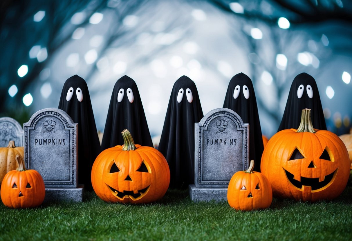 A group of mischievous ghost decorations peek out from behind pumpkins and gravestones in a spooky Halloween display