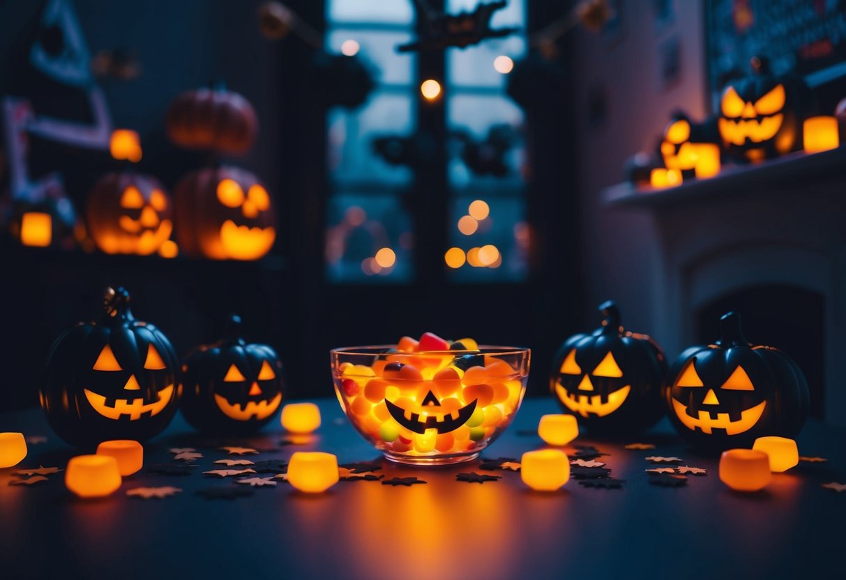 A dimly lit room with a glowing, spooky candy bowl surrounded by various Halloween decorations