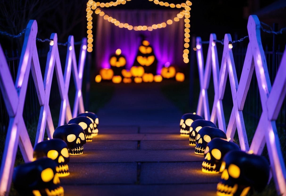 A dimly lit pathway with skull and bones themed lights leading to a spooky Halloween display