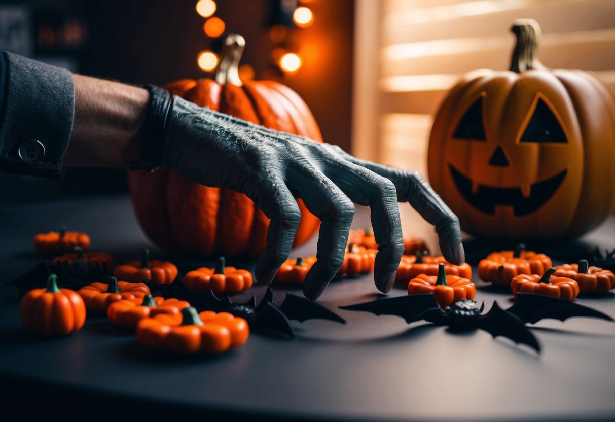 A creepy hand crawling on a table, surrounded by Halloween decorations