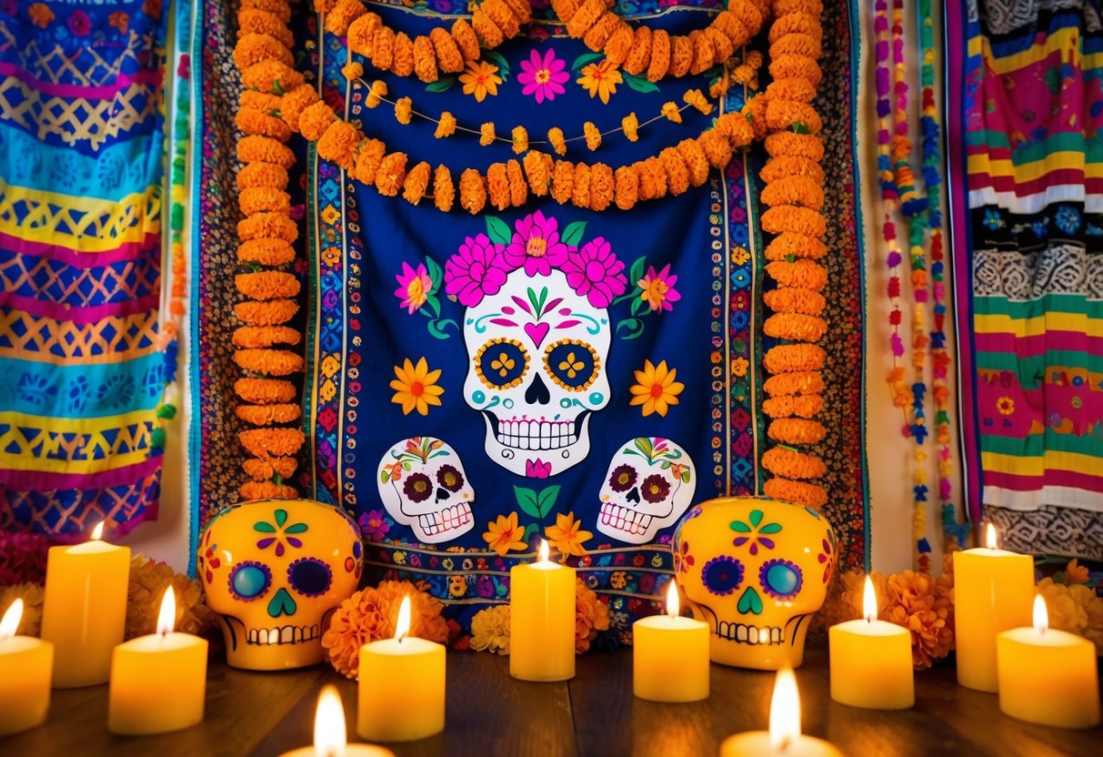 A vibrant Day of the Dead wall tapestry adorned with marigolds, sugar skulls, and intricate patterns, surrounded by flickering candles and colorful papel picado