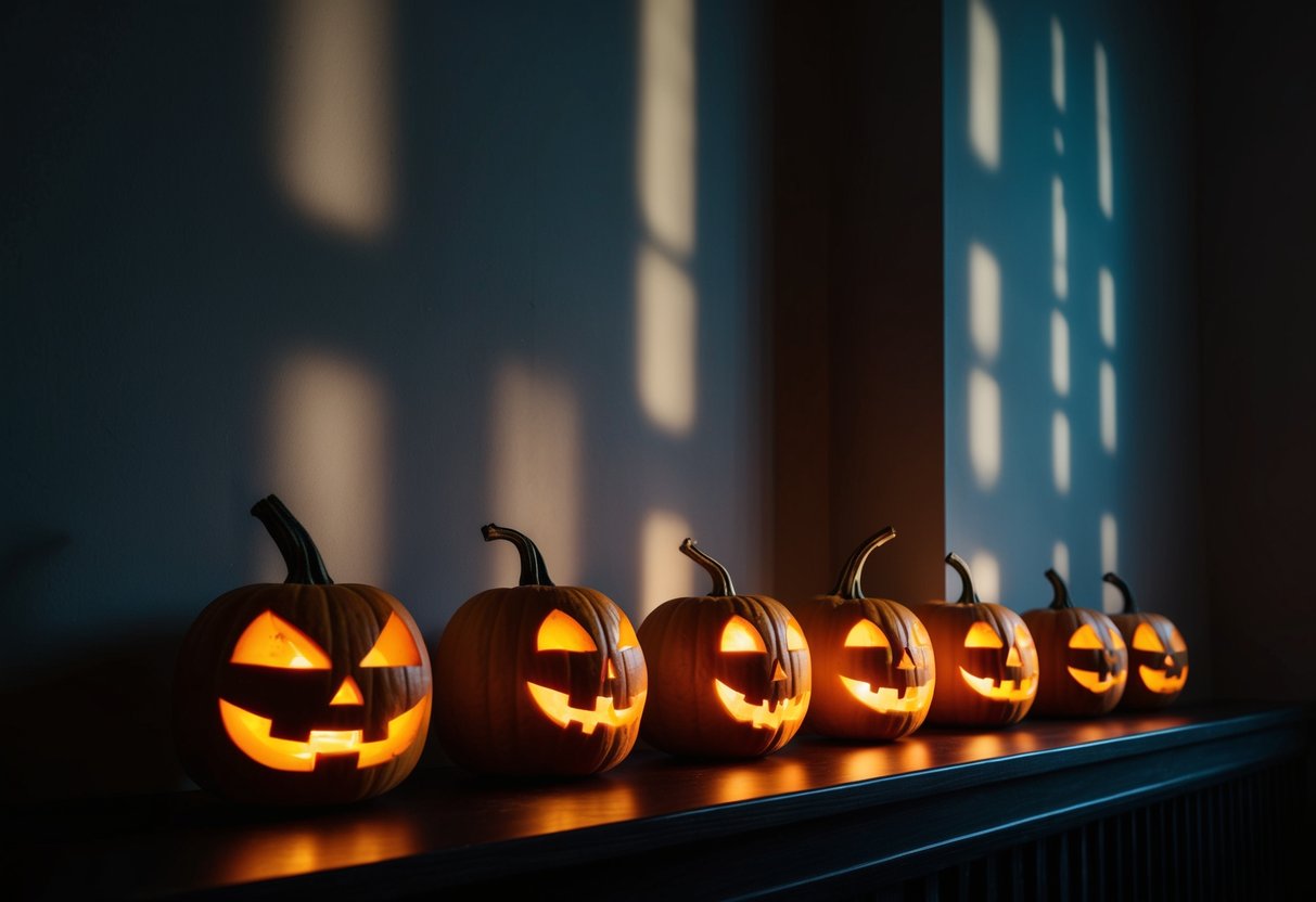 A dimly lit room with a row of flickering candle pumpkins casting eerie shadows on the walls, creating a spooky Halloween atmosphere