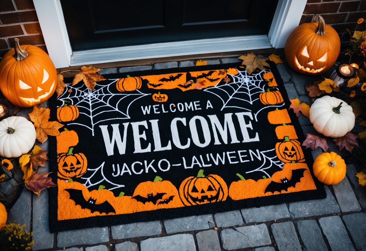 A spooky Halloween-themed welcome mat with pumpkins, bats, and spider webs, surrounded by autumn leaves and glowing jack-o-lanterns