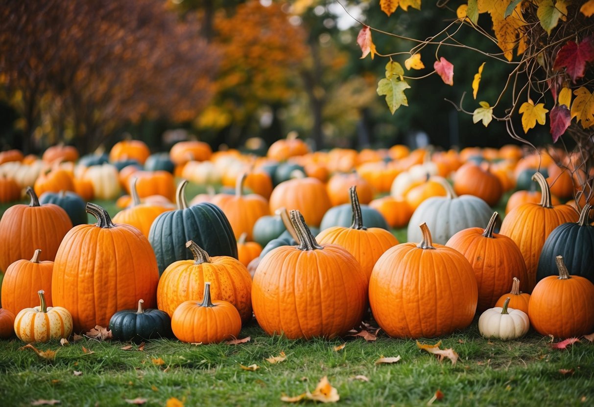 A cheerful pumpkin patch with a variety of pumpkins in different shapes and sizes, surrounded by colorful fall leaves and vines