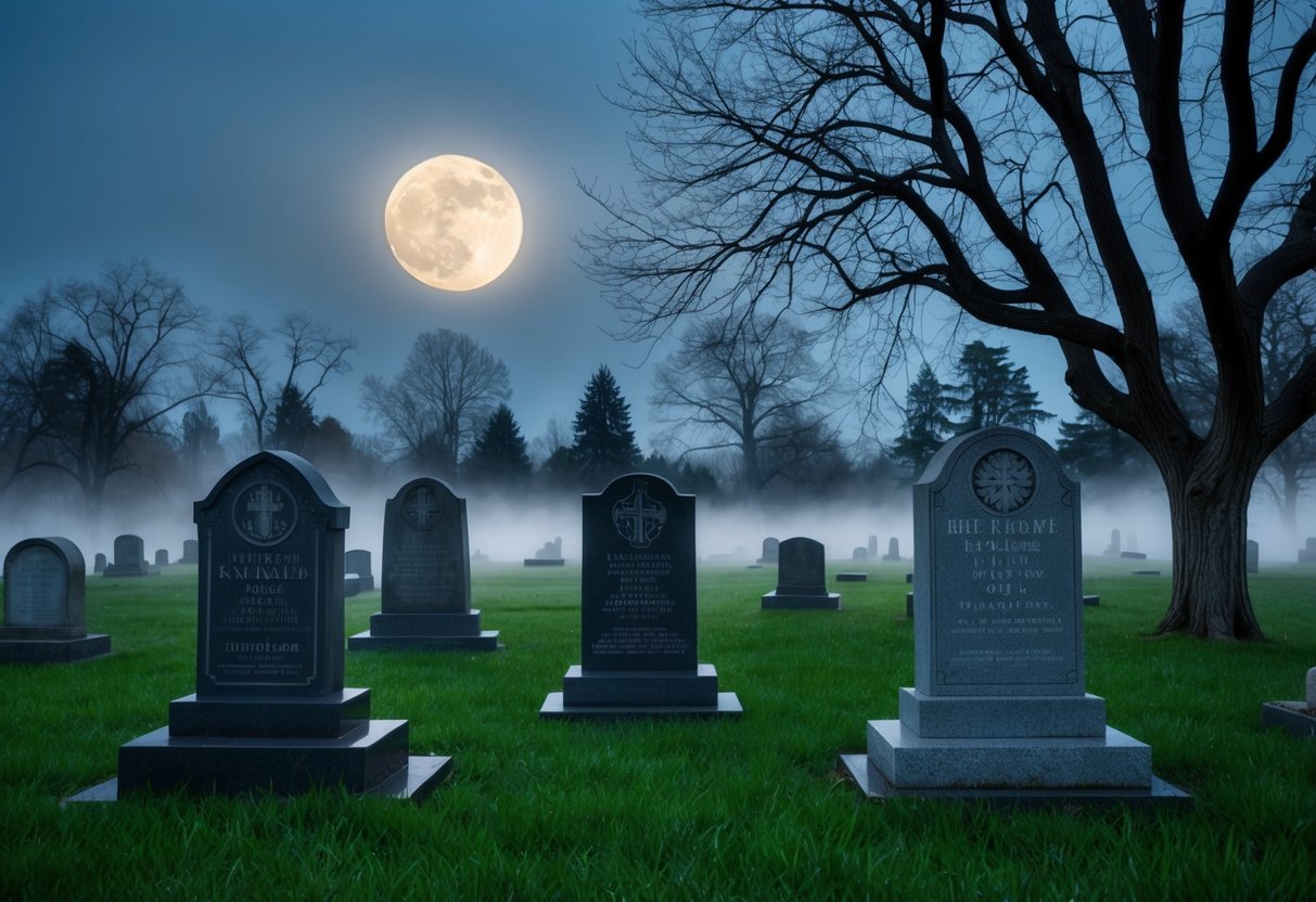 A moonlit graveyard with a set of tombstones surrounded by eerie mist and twisted trees