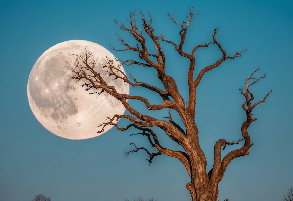 A gnarled, twisted tree stands tall against a full moon, its bare branches reaching out like skeletal fingers